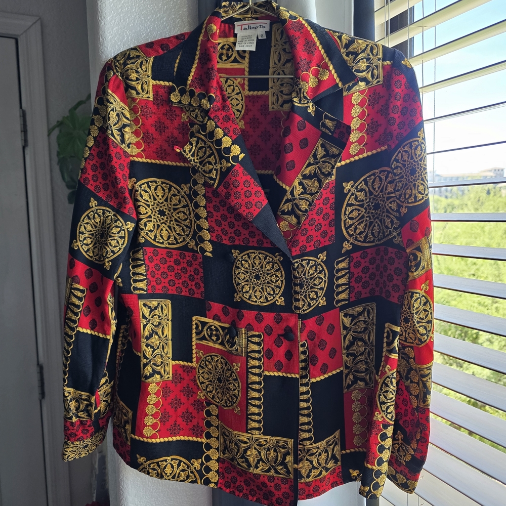 Talbots Black, Red, and Gold Geometric Blouse Vintage Double Breasted 8